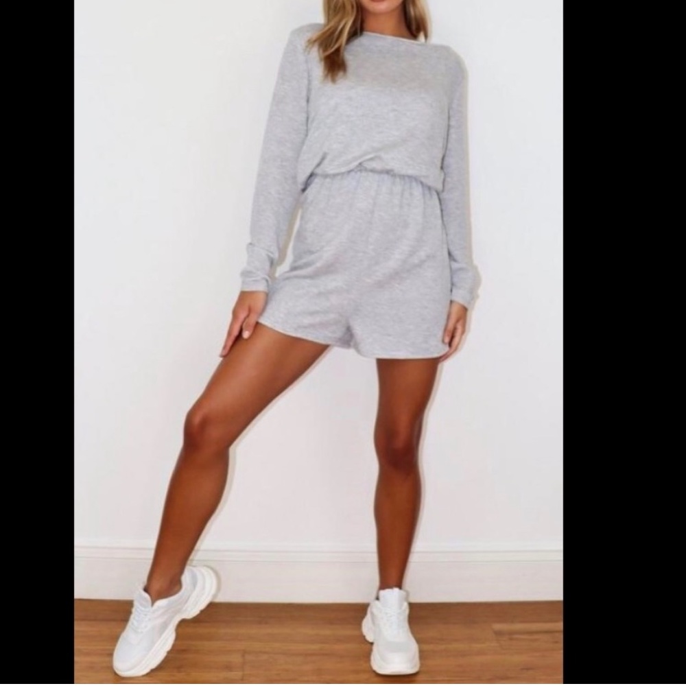 Loopback Elastic Waist LS Loungewear Comfy Gray Romper Super Soft Short 1pc Set